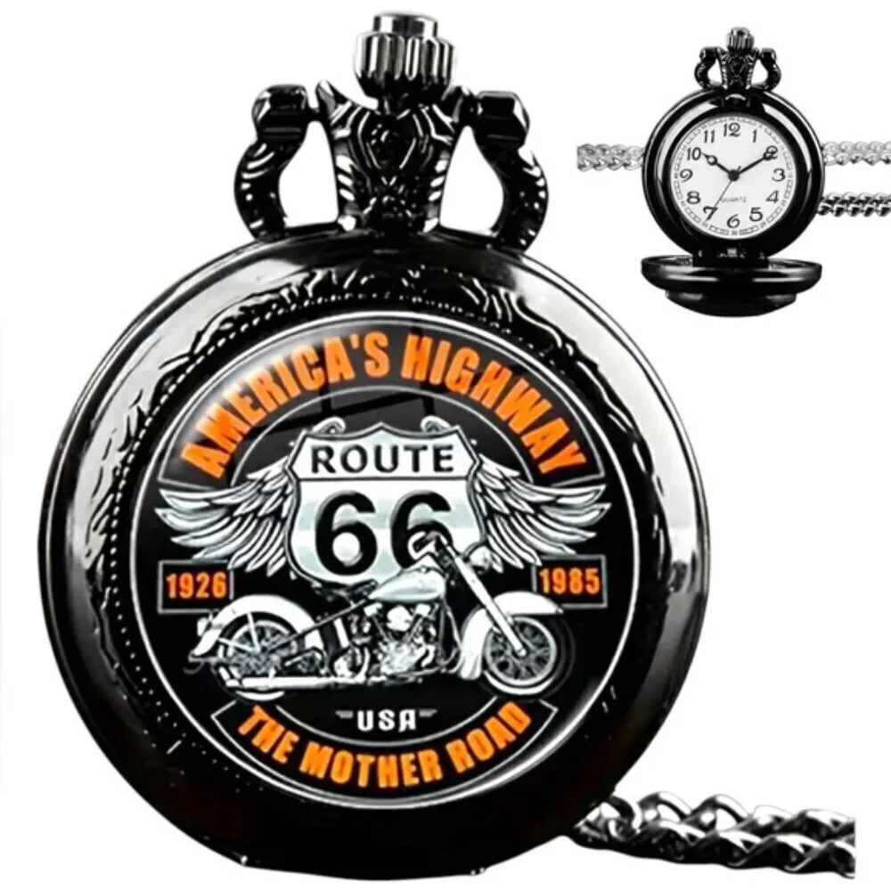 Steampunk Pocket Watch Motorcycle RT 66 Biker Chain Quartz Analog Gift NWT Black